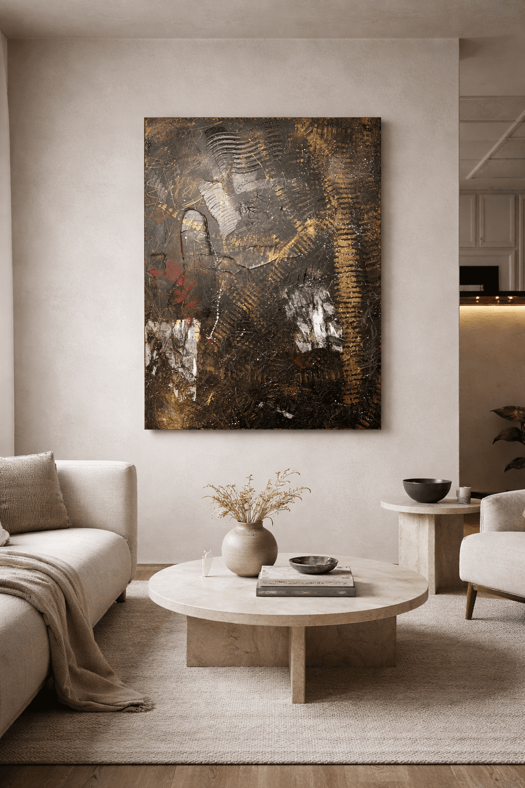 Rustfall, a dark brown, gold, and red textured abstract painting by Julia Mindar, shown in a beige living room