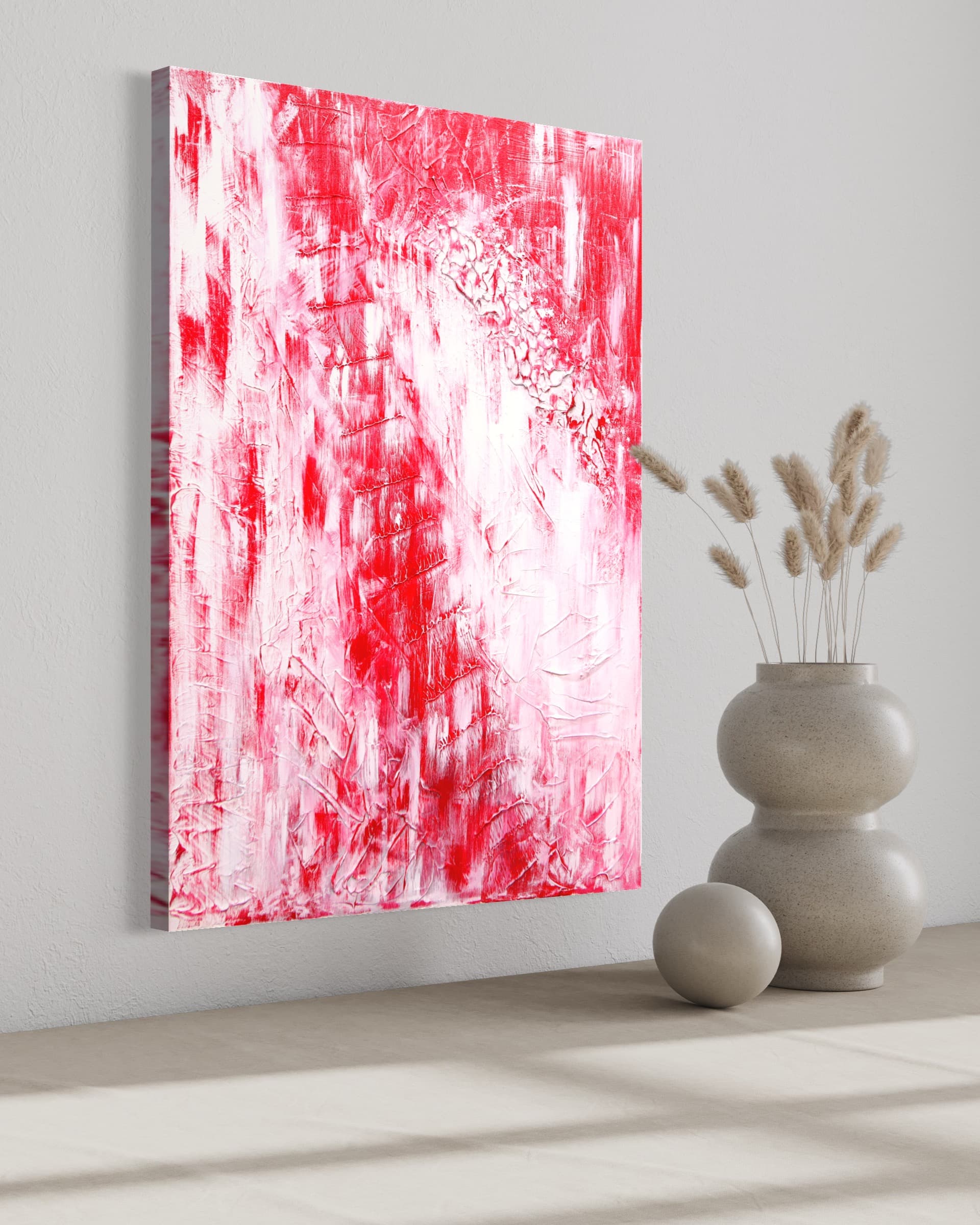 Venus, a red and white textured abstract painting by Julia Mindar, shown at an angle